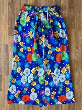 Vintage Blue Floral Tie-Waist Midi BOHO Skirt